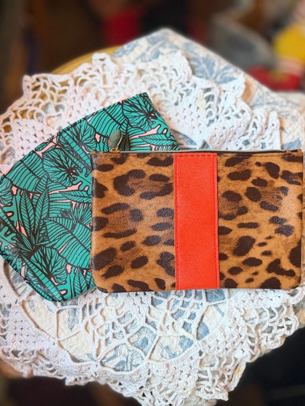 Leopard Print & Jungle Leaf Pouch Bundle- Cosmetic Bags - Travel Pouch Set